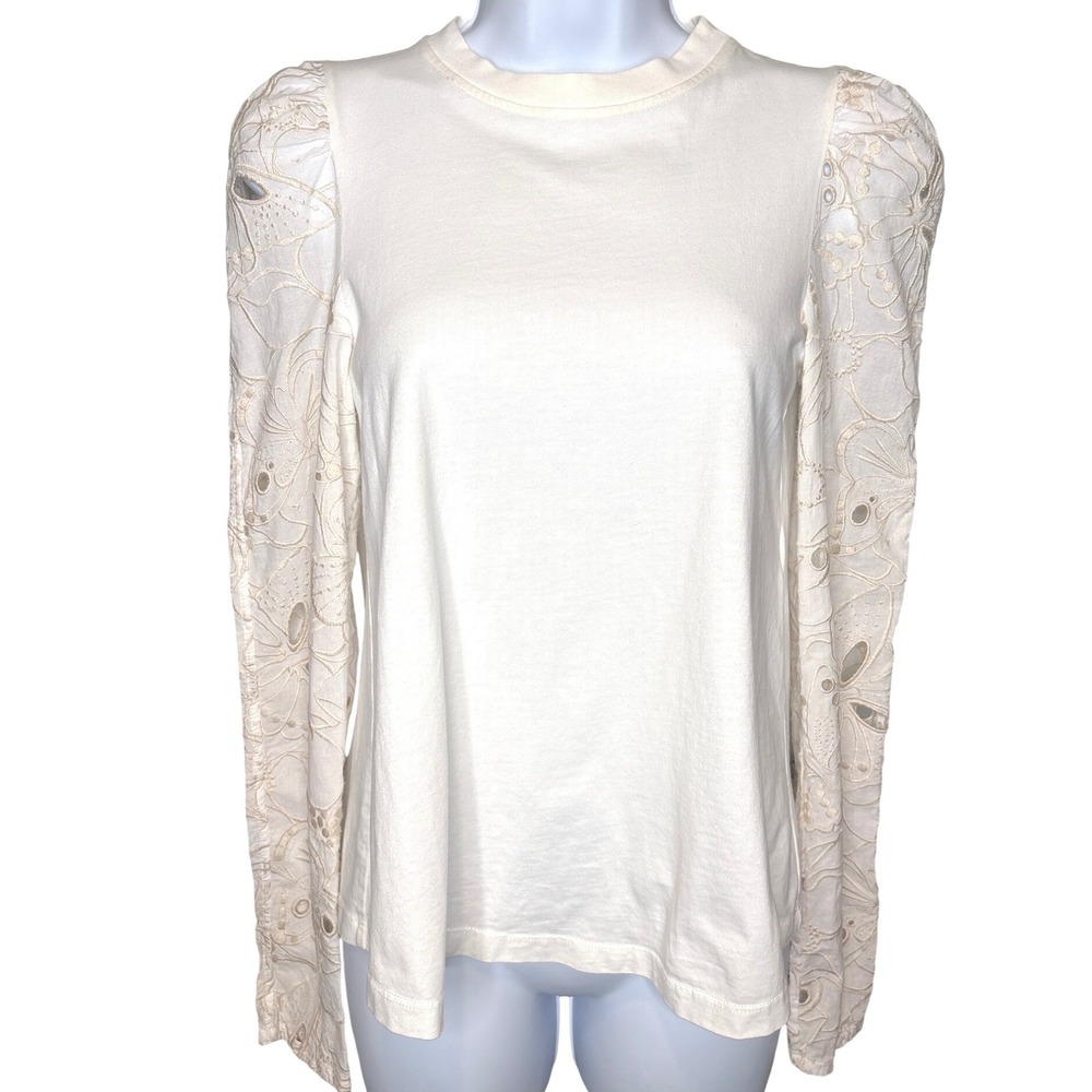 See By Chloe Womens Ivory Cotton Eyelet Puff Sleeve Top Sz S Femme Luxe Romantic